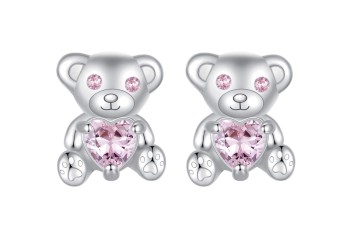 Srebrne Kolczyki - Miś z Różowym Sercem Czerwiński