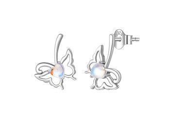 Srebrne Kolczyki - Motylki, Kamień Księżycowy Czerwiński